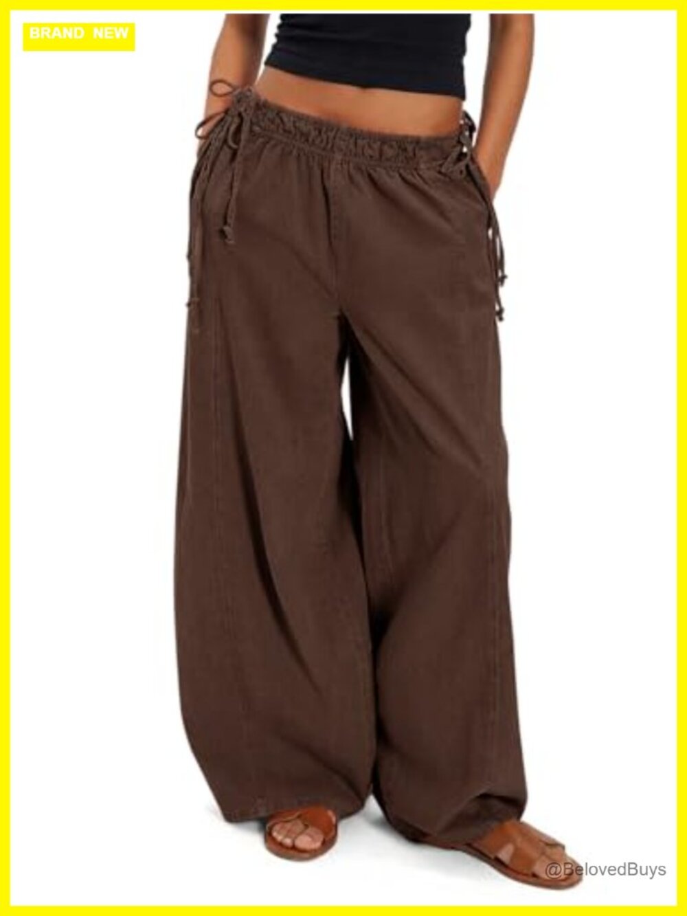Fisoew Wide Leg Pants Casual Low Rise Baggy Drawstring Cotton